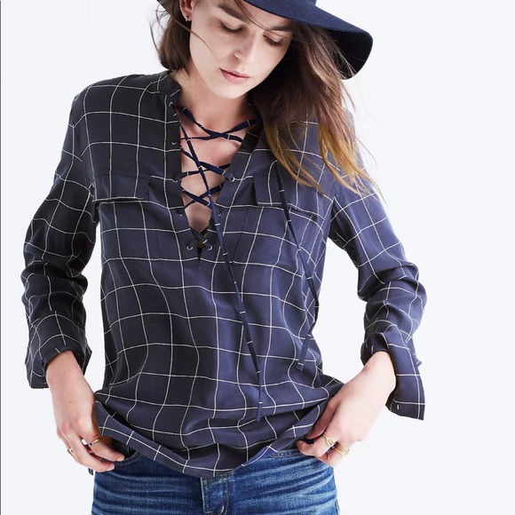 Madewell Silk Lace-Up Shirt in Windowpane Plaid - Picture 4 of 8